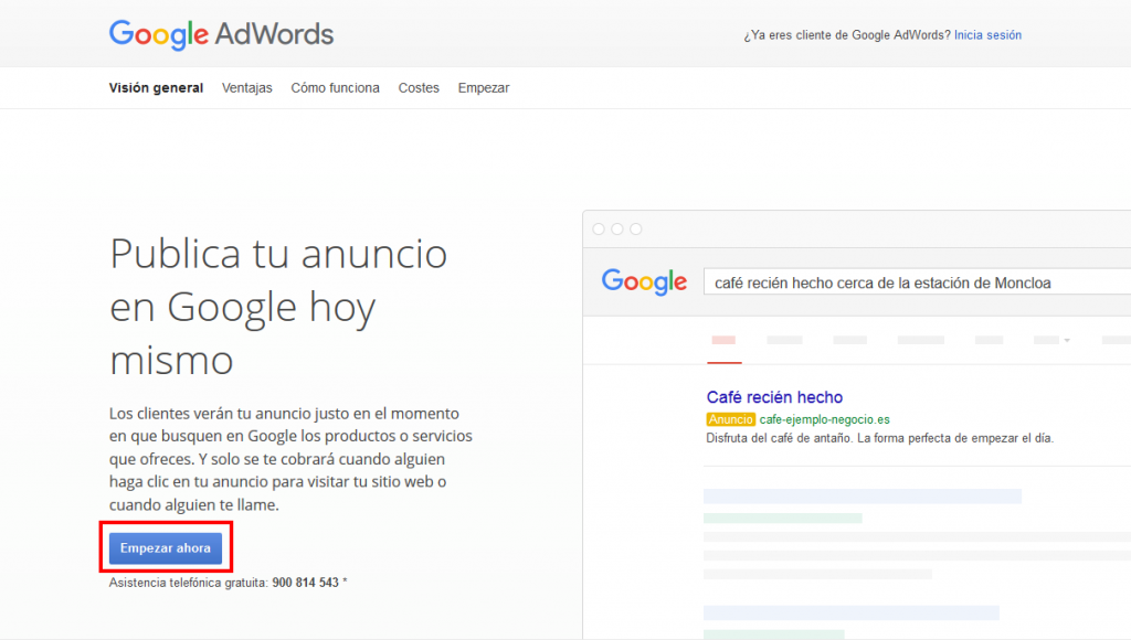 Crear cuenta de AdWords página principal