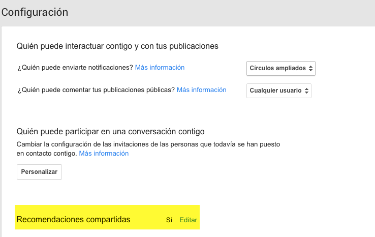 Configuración de Recomendaciones Compartidas en G+