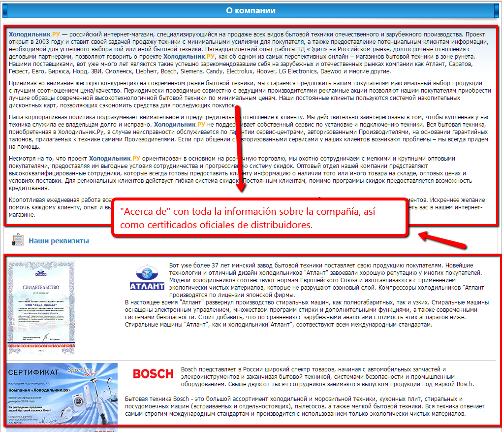 Sección "Acerca de la compañía" de la tienda online de electrodomésticos holodilnik.ru