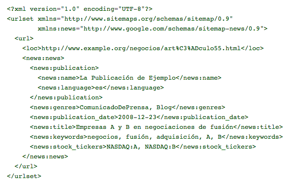 Ejemplo de una entrada de sitemap de noticias