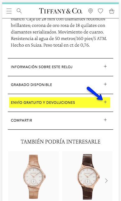 Apartado de información de envíos y devoluciones