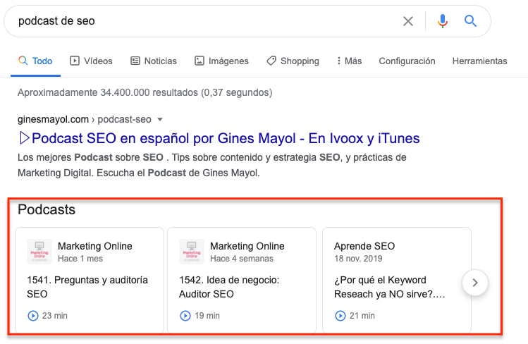 resultados de podscast de Google
