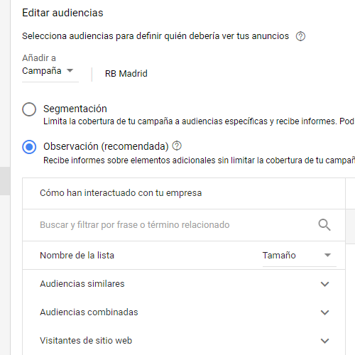 Opciones de "Segmentación" y "Observación" para audiencias en la nueva interfaz de Google AdWords