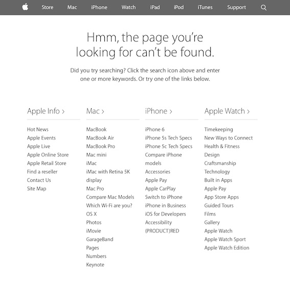 Página de error 404 personalizada en apple.com.
