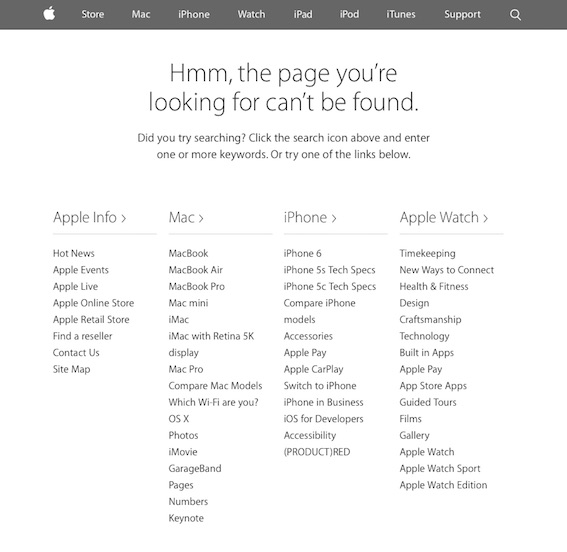 Custom 404 error page on apple.com.