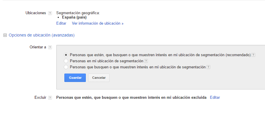 Administración de campañas Google AdWords ubicacion avanzada