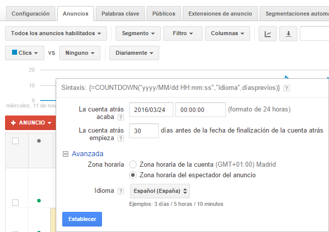 configurar cuenta atrás en Google AdWords