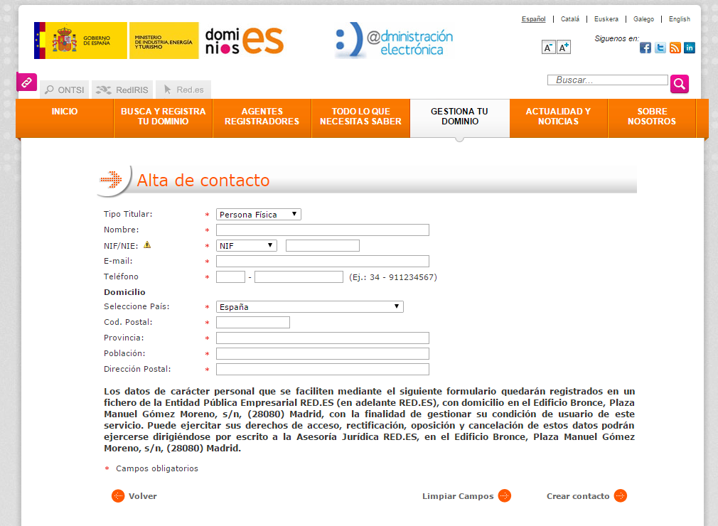 Contact registration in nic.es