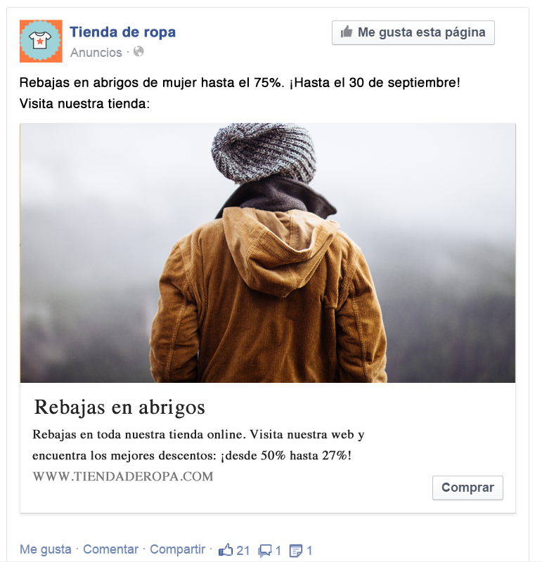 Ejemplo de un anuncio de una tienda online en Facebook Ads