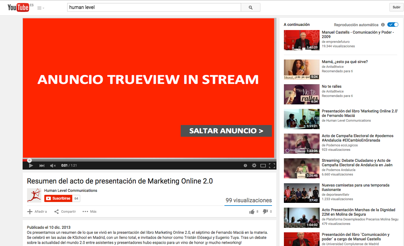 Anuncio Trueview in stream de Youtube