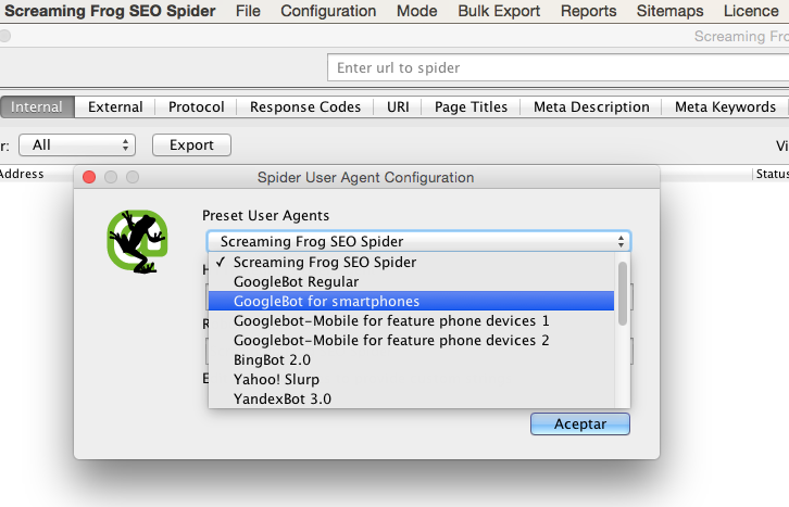 Rastreo la web como el googlebot mobile en screaming frog