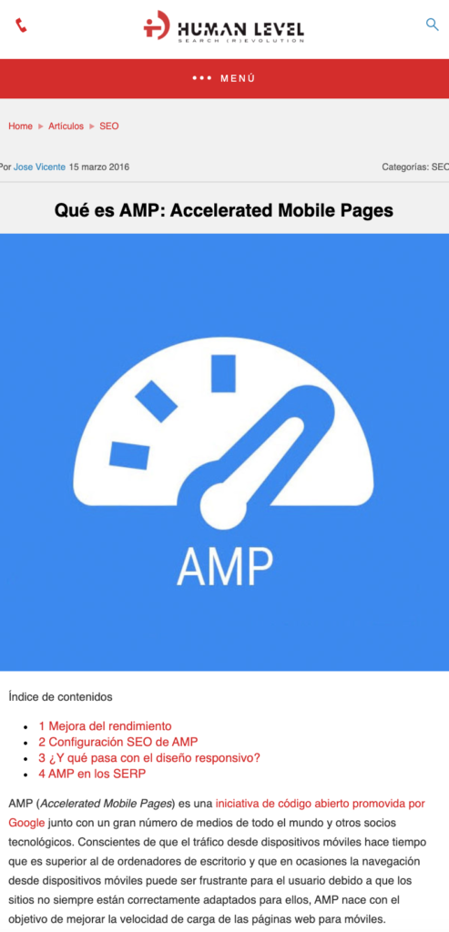 Captura de pantalla de un artículo en AMP