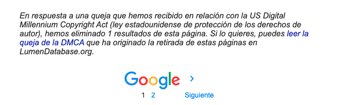 Mensaje SERP DMCA 