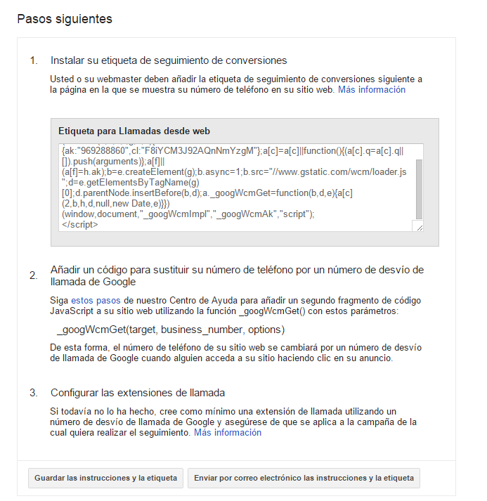 Configuración de cambio de teléfono en Google AdWords