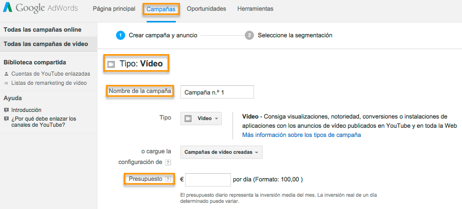 crear campaña de vídeo para Youtube en Google AdWords