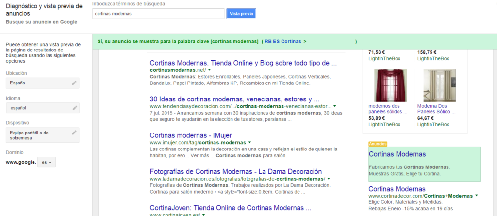  Diagnosis and preview of example curtain ads in Google AdWords