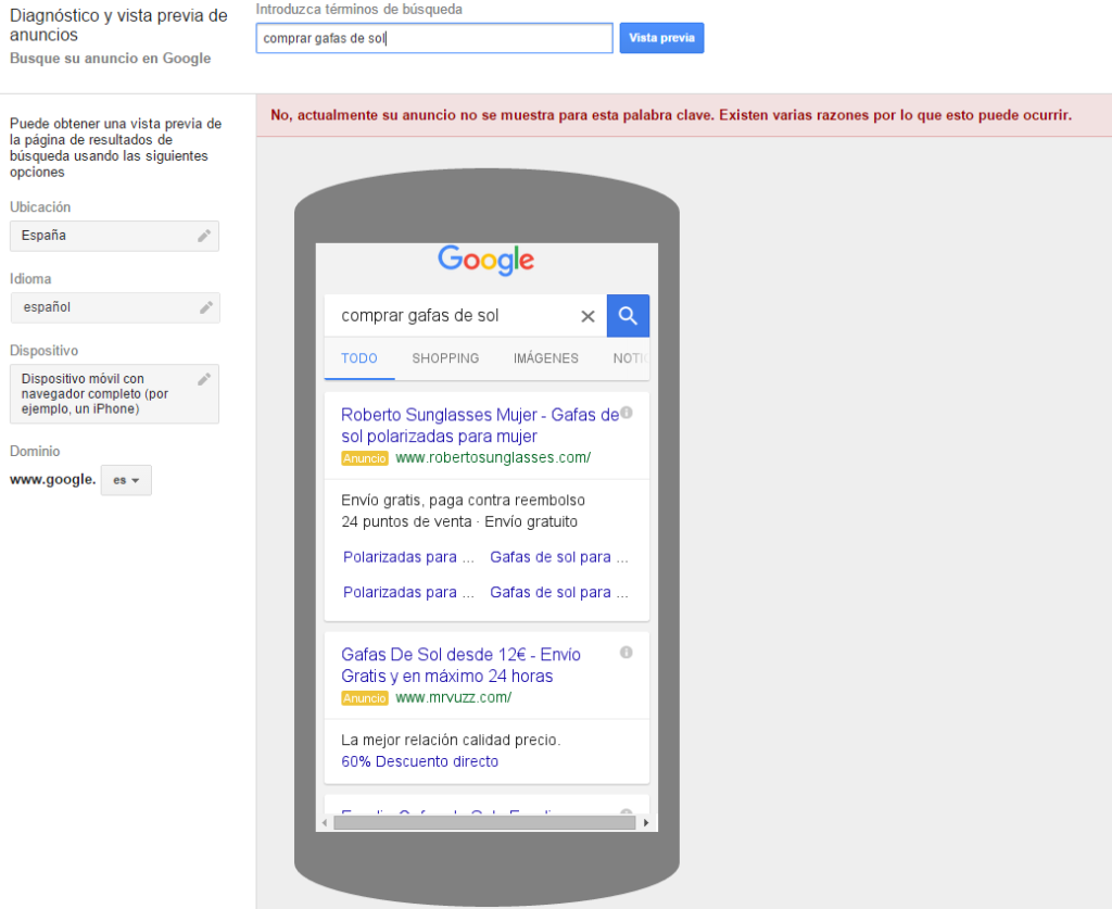Diagnosis and preview of ads by device in Google AdWords