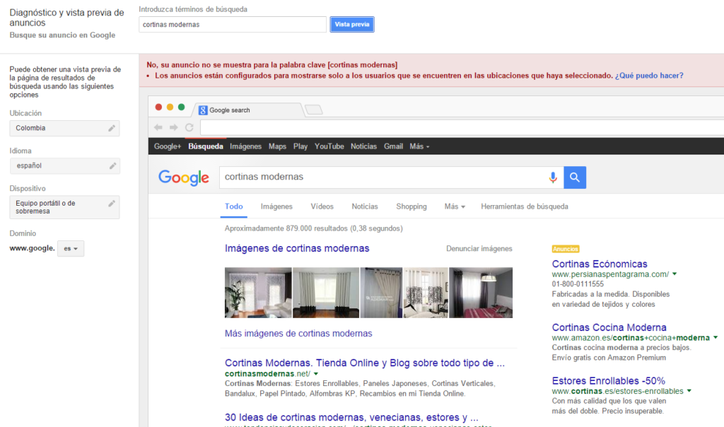 Diagnosis and preview of ads by location on Google AdWords