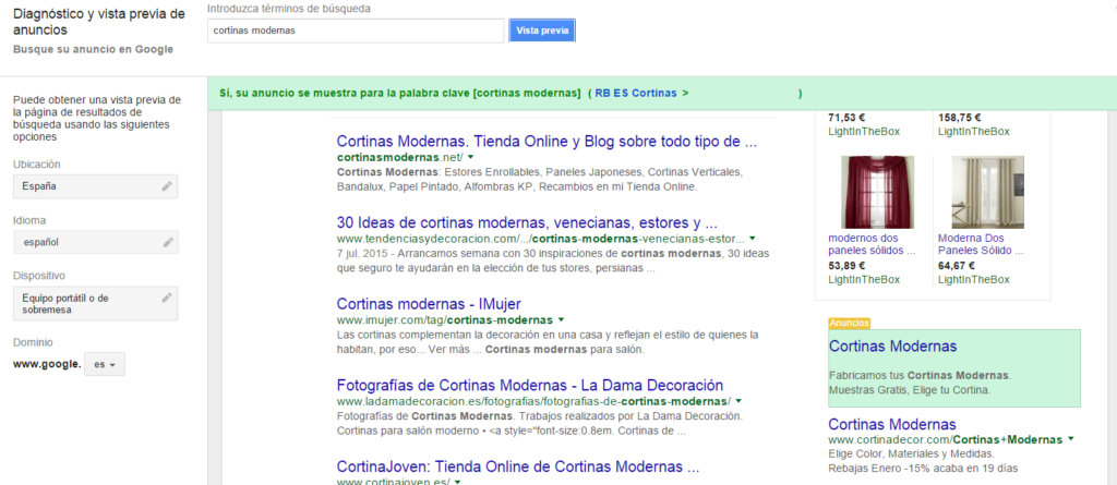  Diagnóstico y vista previa de anuncios ejemplo cortinas en Google AdWords