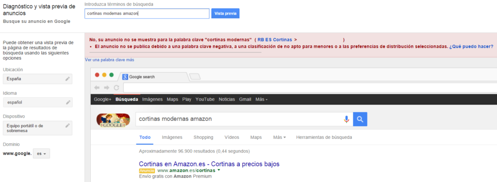 Diagnóstico y vista previa de anuncios ejemplo no publicación de anuncios en Google AdWords