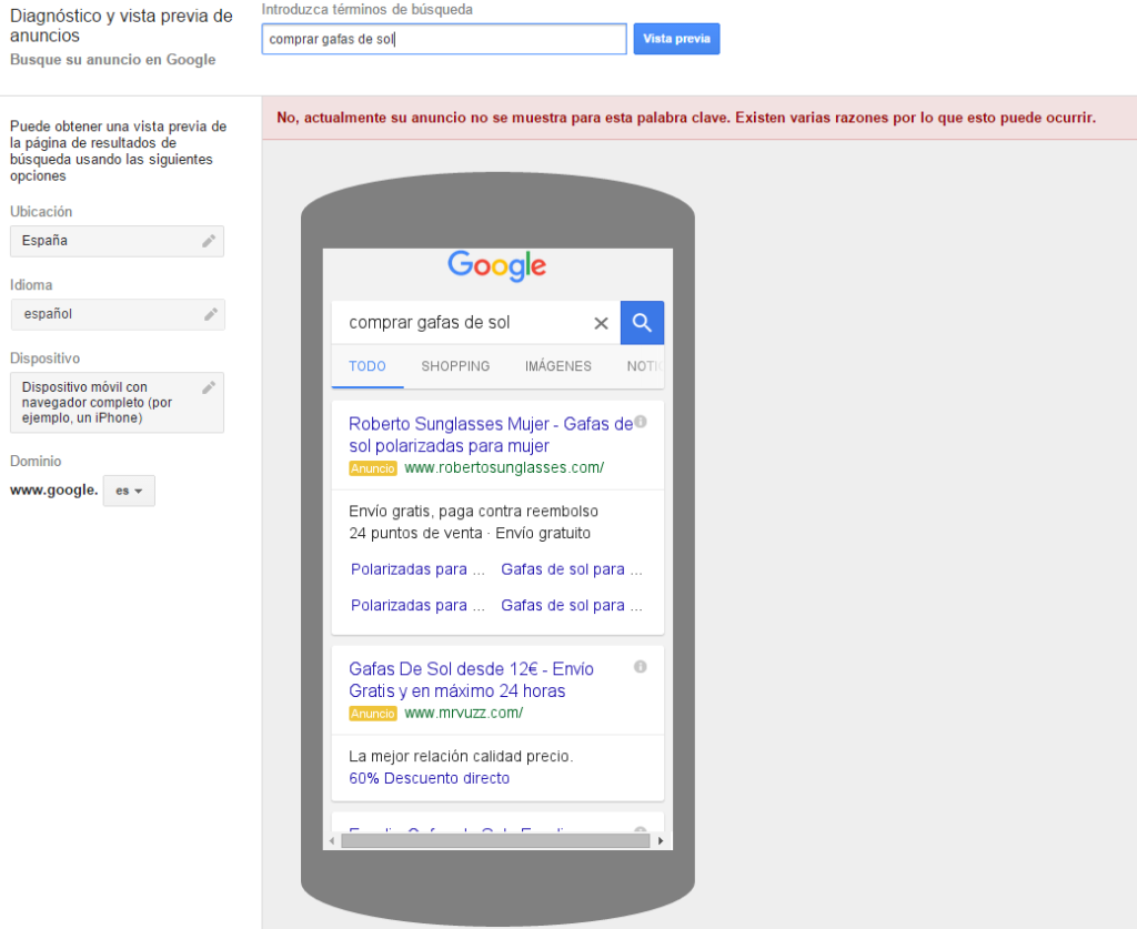 Diagnóstico y vista previa de anuncios por dispositivo en Google AdWords