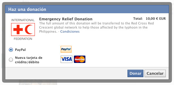 Facebook donation to the Philippines