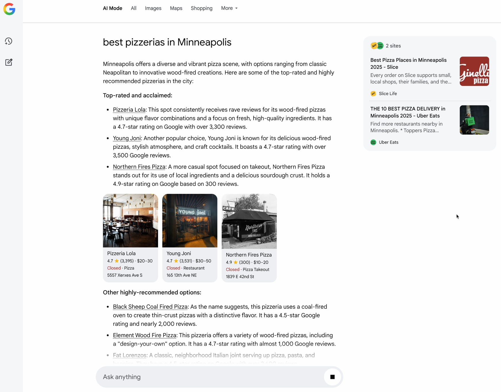 Result for 'Best pizzerias in Minneapolis' in AI Mode
