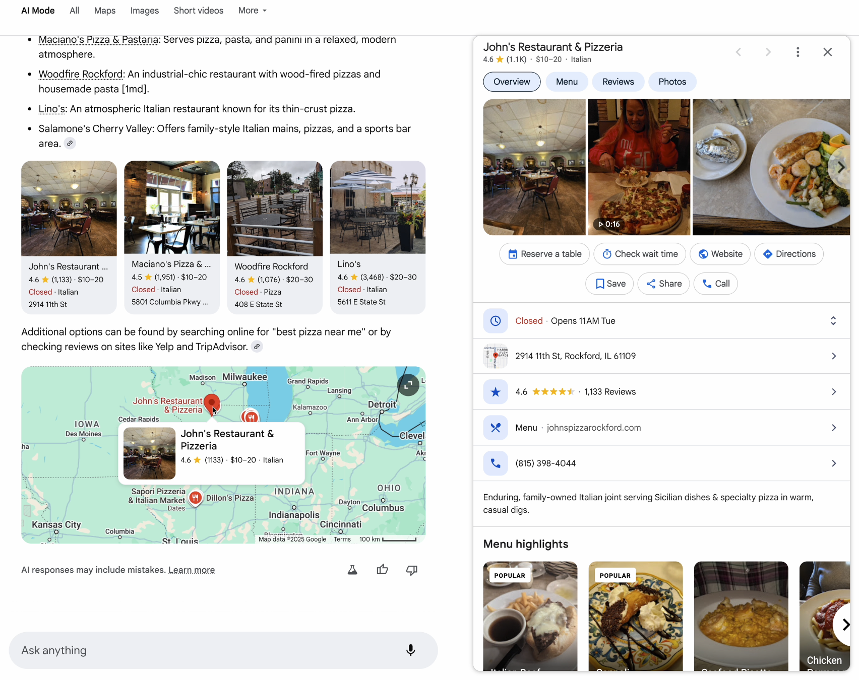 Right-hand panel for local searches in AI Mode