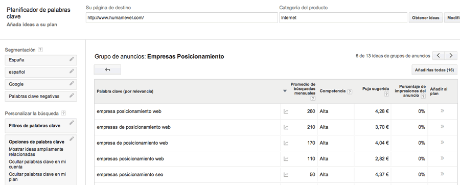 Grupos de anuncios en Google Keyword Planner