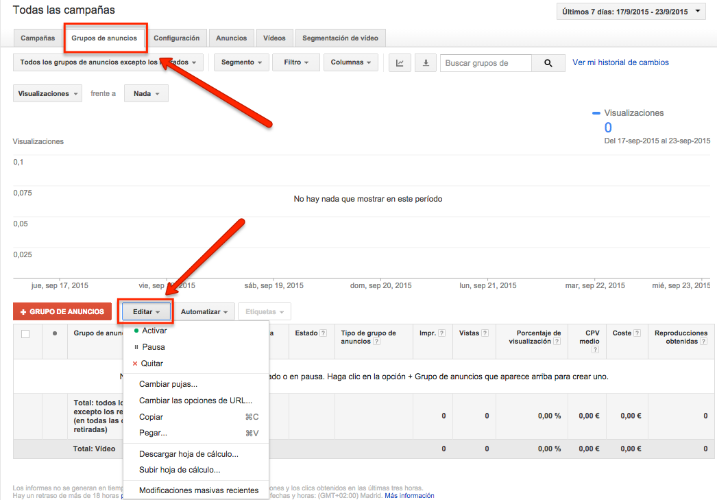 Google AdWords Ad Groups tab