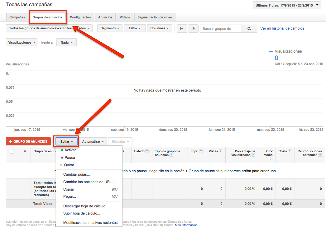 Pestaña de grupos de anuncios en Google AdWords