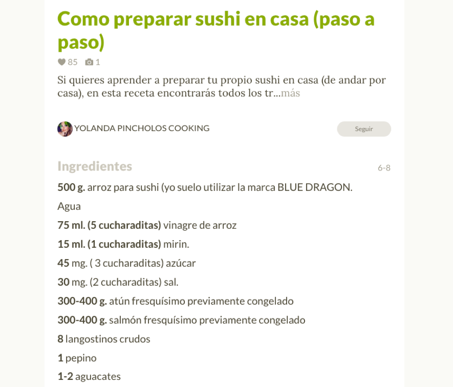 Listado de ingredientes