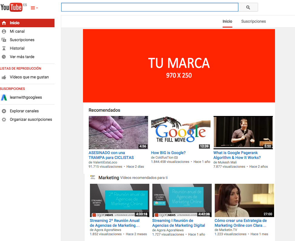 medidas anuncio masthead de Youtube