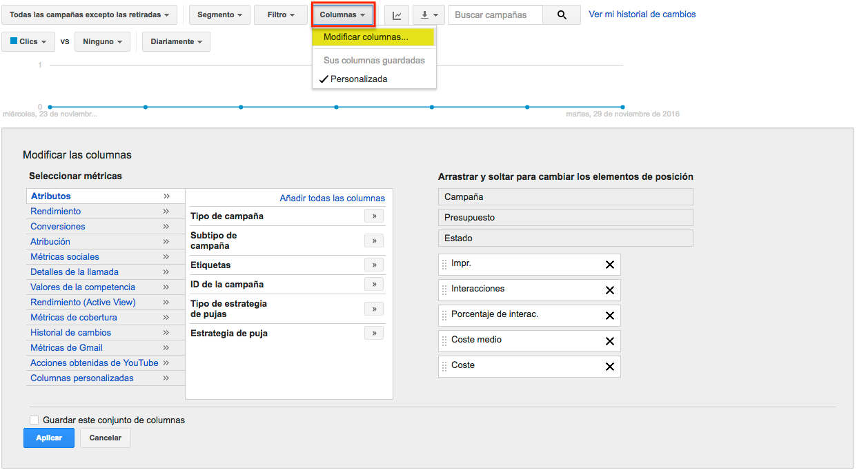 Modify columns with Google Adwords