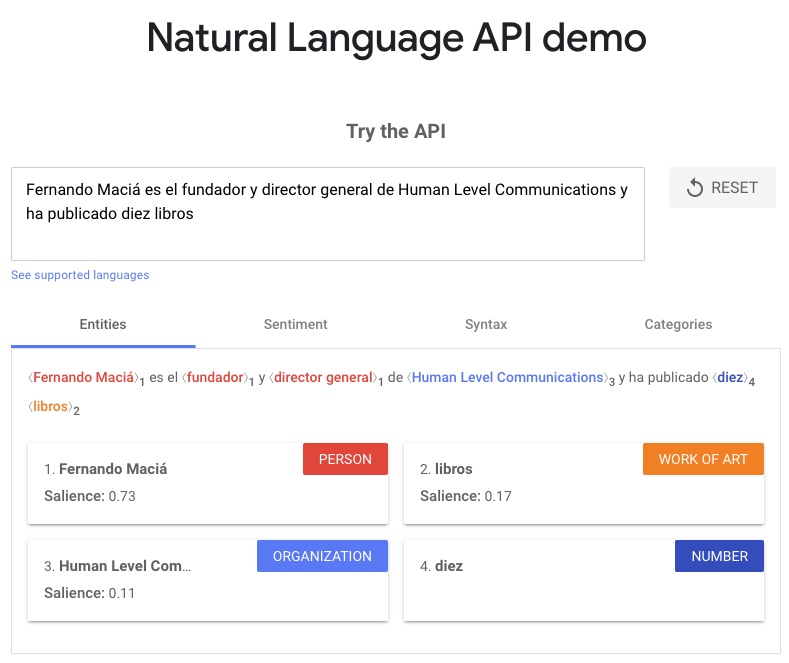 Identificación de entidades en un texto con la demo de Natural Language API de Google