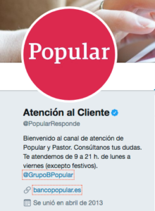 Perfl en Twitter para la atención al cliente de Banco Popular