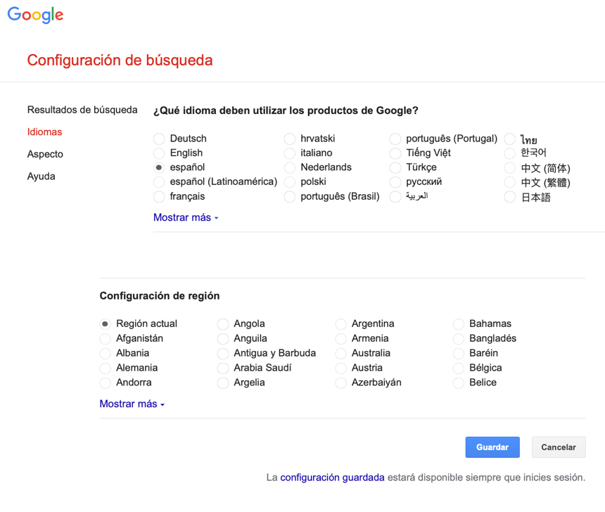 Panel de preferencias de idioma y región de Google.