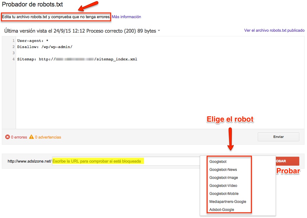 Probador de robots.txt de Google Search Console