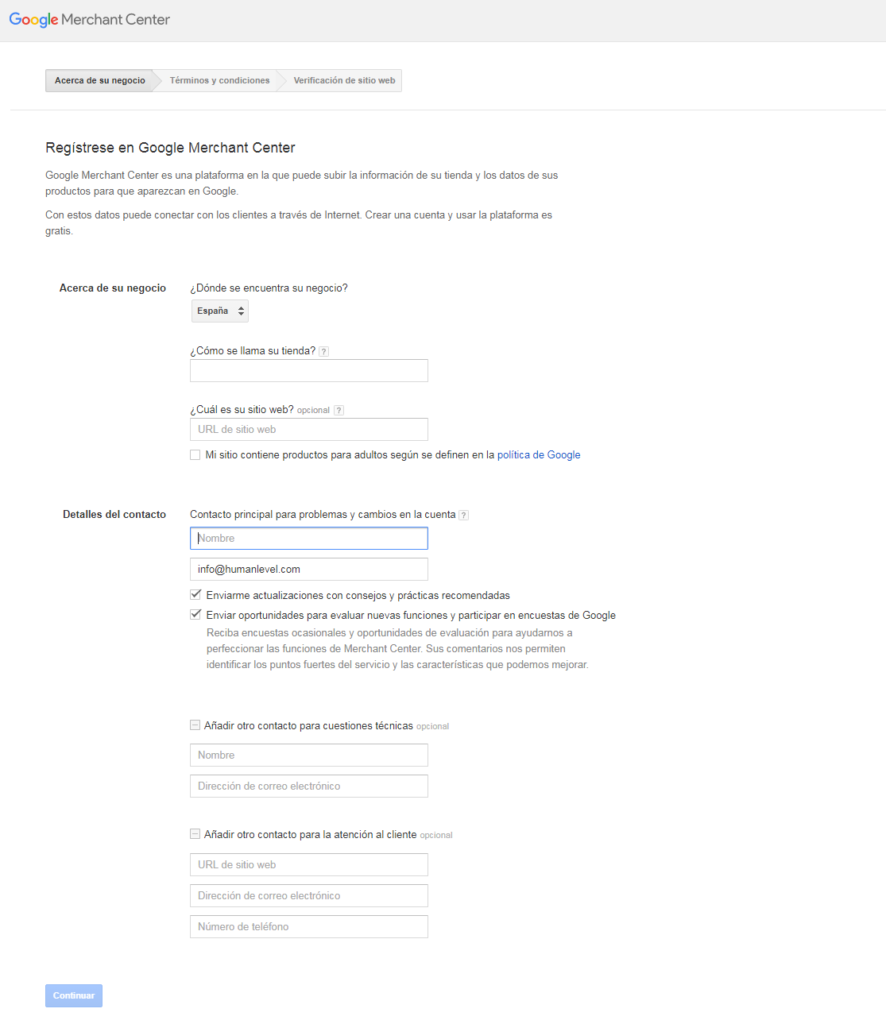 Registro en Google Merchant Center