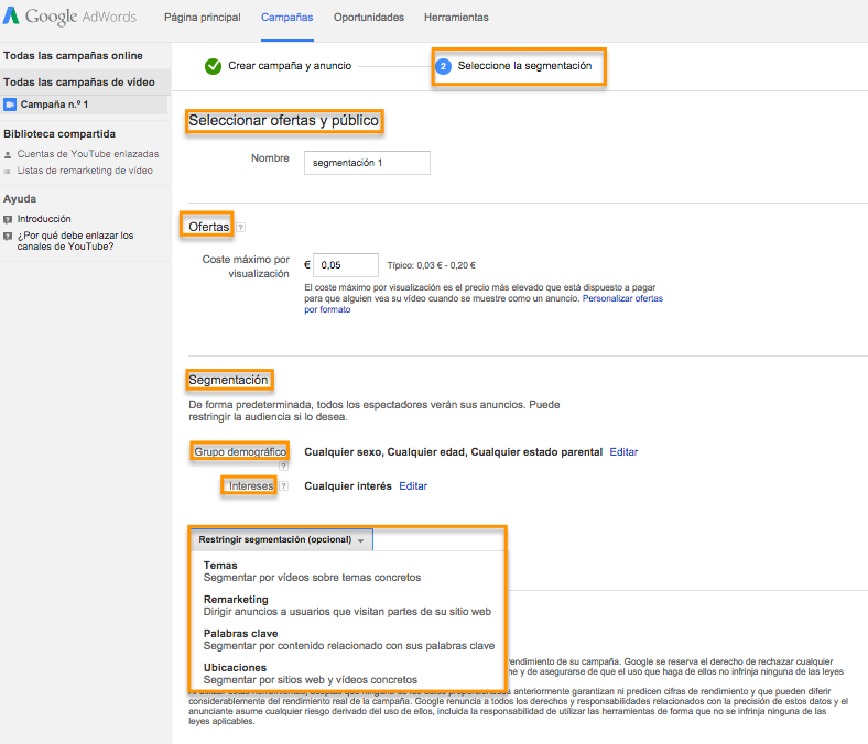 Sementation by target audience groups for video ads in Google AdWords