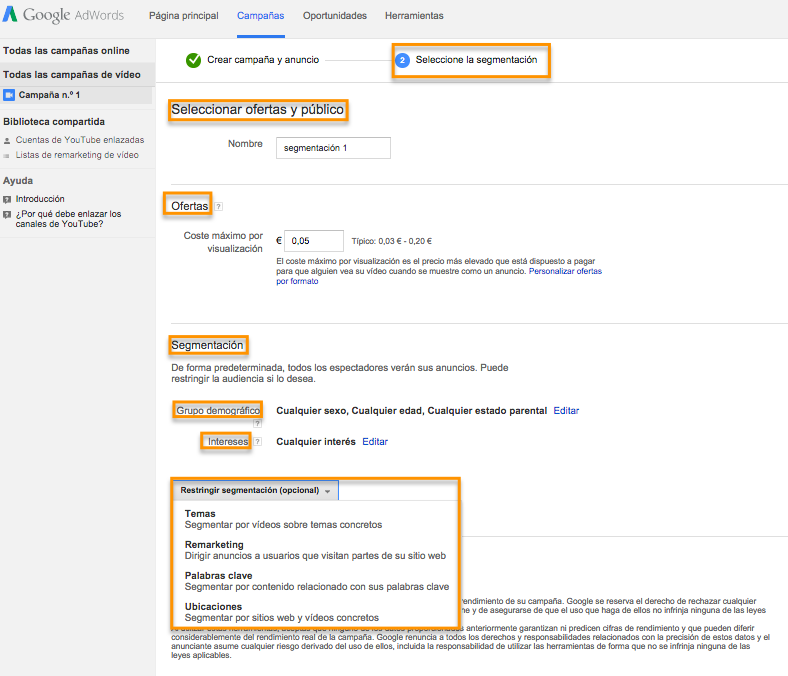 Sementación por grupos de audiencia objetivo de anuncios de vídeo en Google AdWords