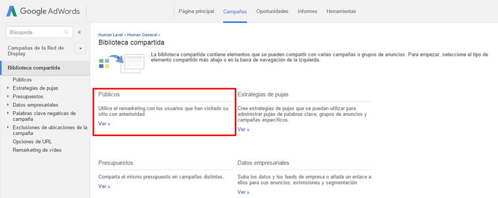 Seleccionar públicos para encontrar el remarketing de Google AdWords