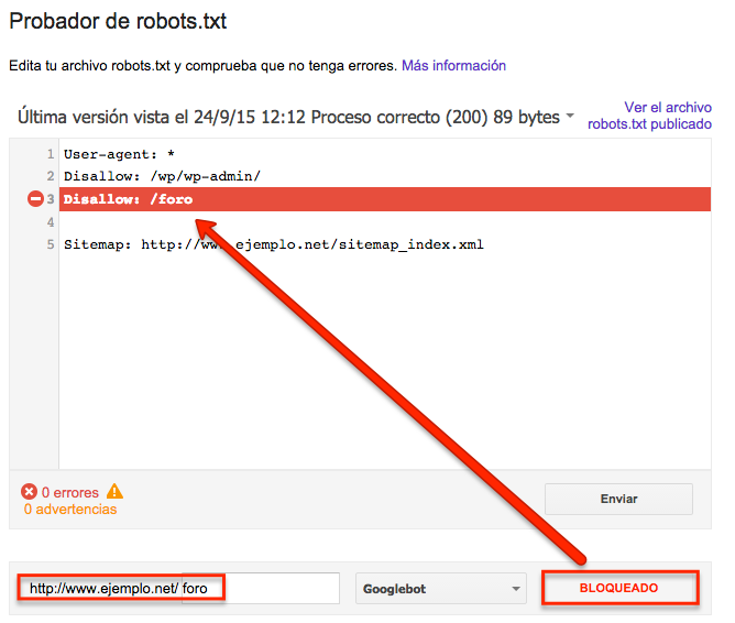 URL bloqueada en el probador de robots.txt de Google Search Console
