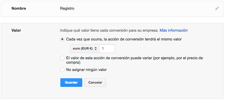 Introducir valor de conversión medio en Google Adwords