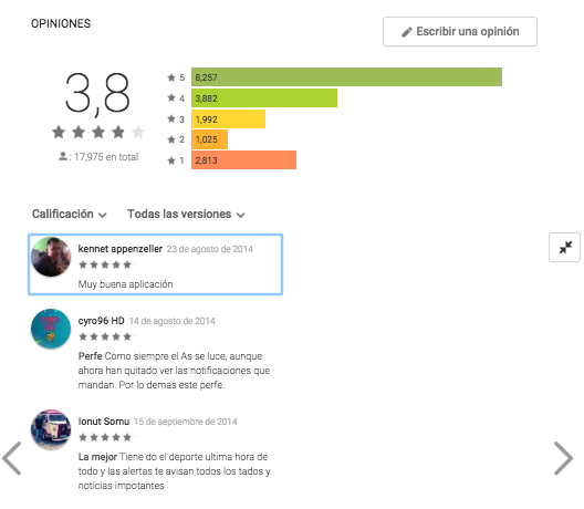 Valoración y comentarios en Google Play para Android de Google