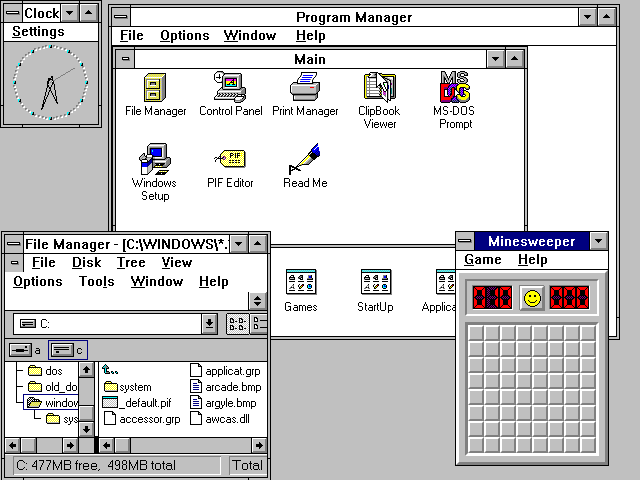 Graphical interface of one of the first versions of Windows, 3.11