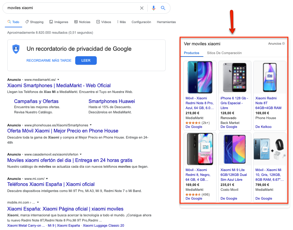 resultados de Google Shopping en la SERP de Google