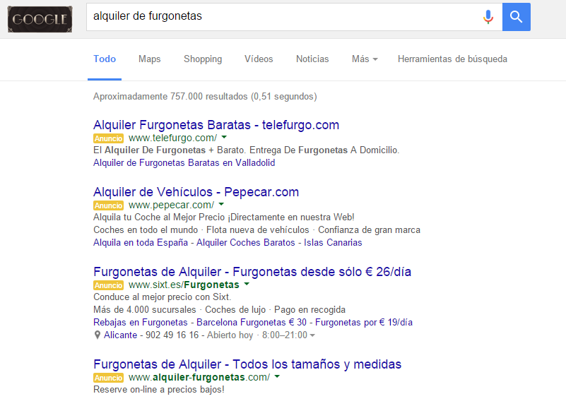 Ejemplo cuatro anuncios en parte superior de Google