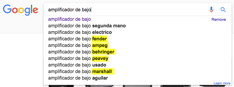 Sugerencias de búsqueda de Google para el término amplificador de bajo