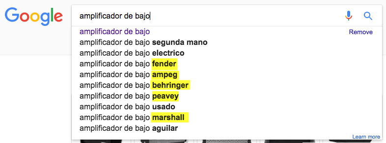 Google search suggestions for the term bass amplifier.